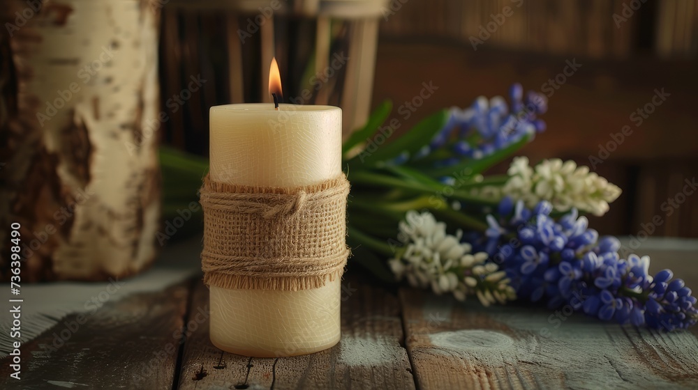 A candle wrapped in real jute material and a fresh sprig of muscari or lavender to add authenticity to the scene. Soft lighting adds depth while maintaining a realistic atmosphere A candle wrapped in real jute material and a fresh sprig of muscari or lavender to add authenticity to the scene. Soft lighting adds depth while maintaining a realistic atmosphere