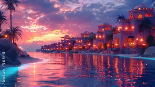 panorama of middle eastern city at sunset beach