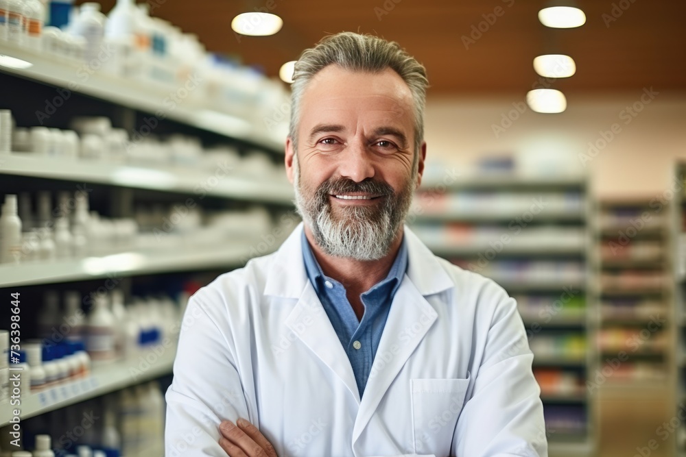 male Caucasian pharmacist stands in medical robe smiling, Portrait of mature male pharmacist standing with arms crossed in drugstore,AI generated male Caucasian pharmacist stands in medical robe smiling, Portrait of mature male pharmacist standing with arms crossed in drugstore,AI generated