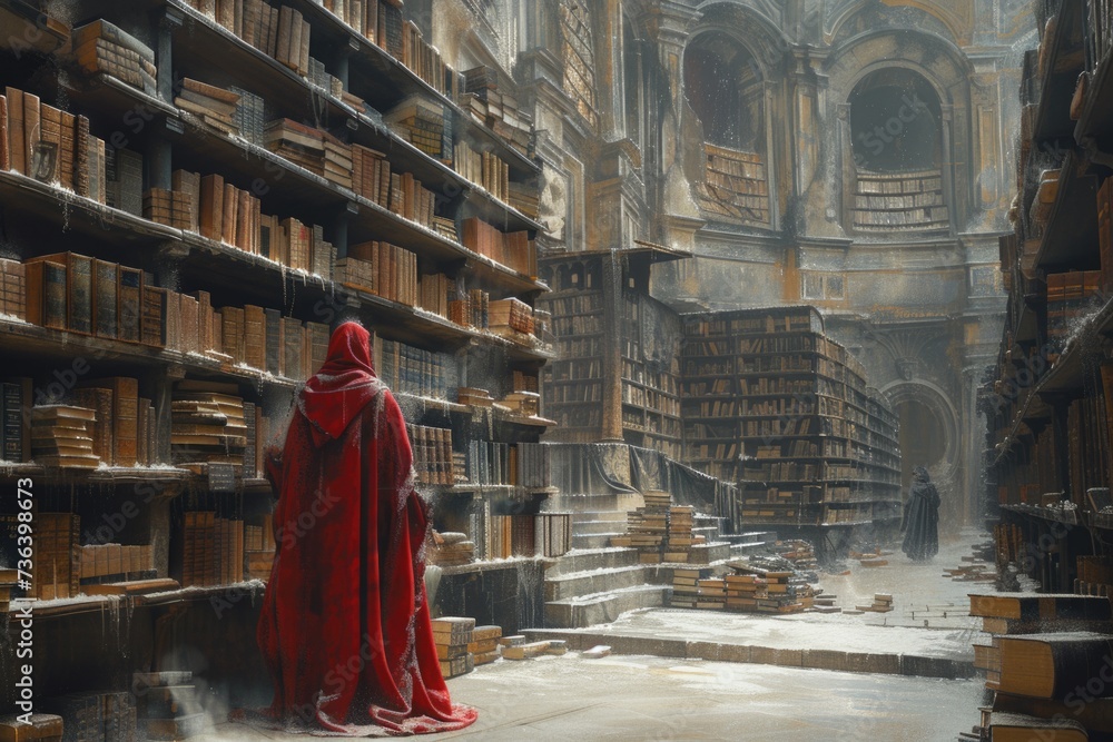 A figure in a red cloak stands in a grand, dusty library with towering shelves. A figure in a red cloak stands in a grand, dusty library with towering shelves.