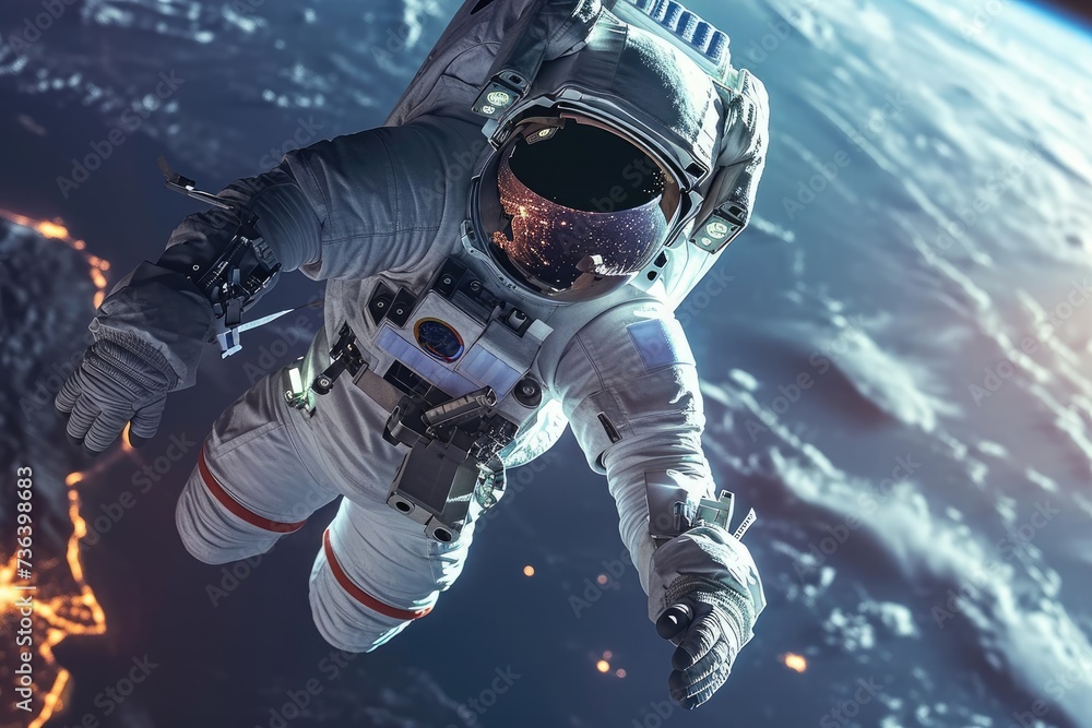 Fototapeta premium An astronaut floats weightlessly in the air above the Earth, performing a spacewalk, An astronaut in a silvery space suit suspended in zero gravity, with a backdrop of the glowing earth, AI Generated