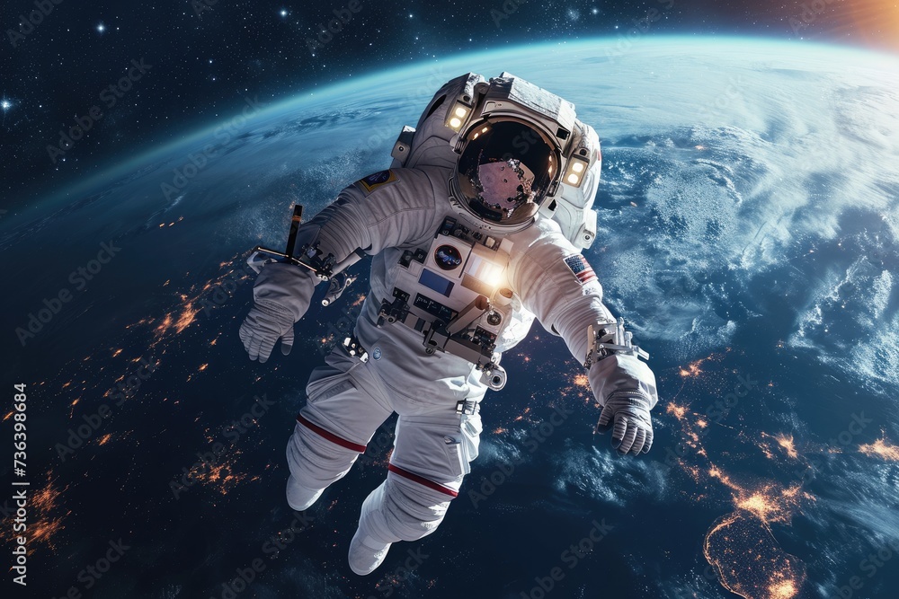 Astronaut Floating Above Earths Atmosphere, An astronaut in a silvery space suit suspended in zero gravity, with a backdrop of the glowing earth, AI Generated