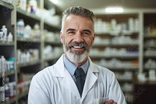 male Caucasian pharmacist stands in medical robe smiling, Portrait of mature male pharmacist standing with arms crossed in drugstore,AI generated