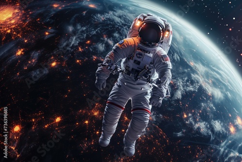 A man wearing an astronaut suit floating in the vast emptiness of space, An astronaut in a silvery space suit suspended in zero gravity, with a backdrop of the glowing earth, AI Generated © Iftikhar alam