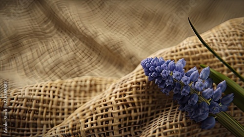 the texture of jute material or burlap and the graceful details of a sprig of muscari or lavender. Close-up.