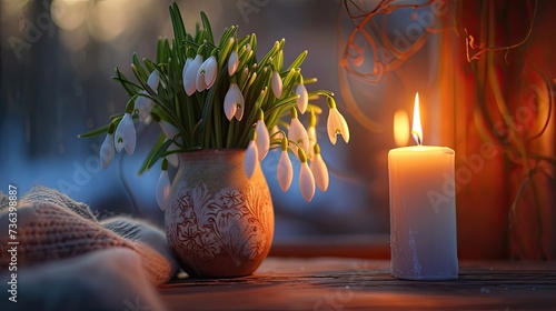 snowdrops, flowers and candles on the table in a natural and balanced composition. A composition that imitates the organic flow of nature, in a minimalist design.