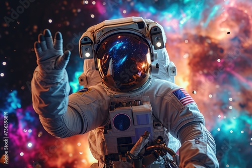 A man wearing a space suit stands in front of a vibrant and colorful backdrop, An astronaut waving peacefully while donned in a space suit with a backdrop of colorful galaxies, AI Generated