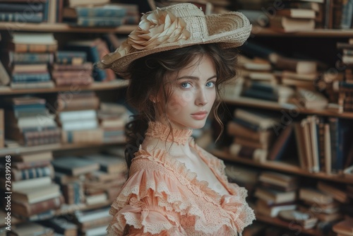 A woman in a vintage dress and hat gazes away, surrounded by old books.