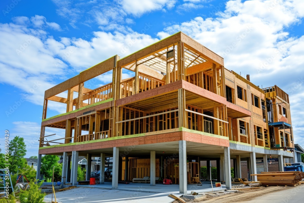 A house is being built during daylight hours, with workers actively engaged in construction activities, An eco-friendly building under construction, making use of recycled materials, AI Generated