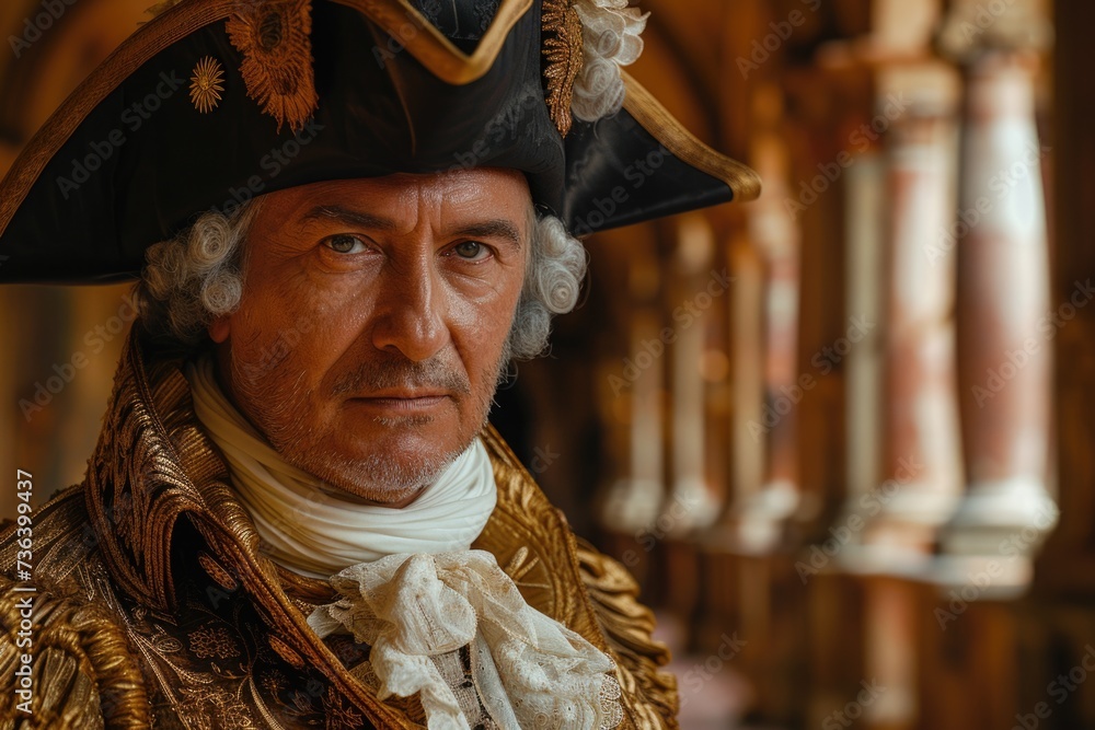 A man dressed as a historical naval officer inside a library, looking stern. A man dressed as a historical naval officer inside a library, looking stern.
