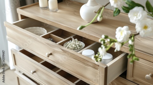open wooden box, open drawer of a wooden bedside table or cabinet.