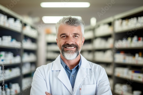male Caucasian pharmacist stands in medical robe smiling, Portrait of smiling mature male pharmacist standing in pharmacy drugstore,AI generated © Tanu