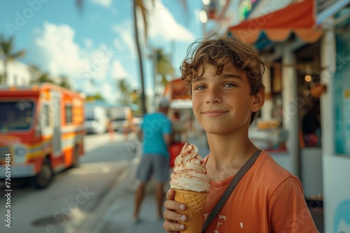 Summer Treat: Boy with Ice Cream at a Food Truck Fair - Generative AI.