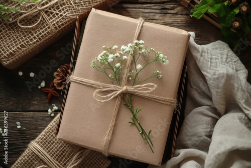 A present wrapped in brown paper and secured with twine, ready to be opened, An eco-friendly gift box made of recycled materials with a zero waste theme, AI Generated