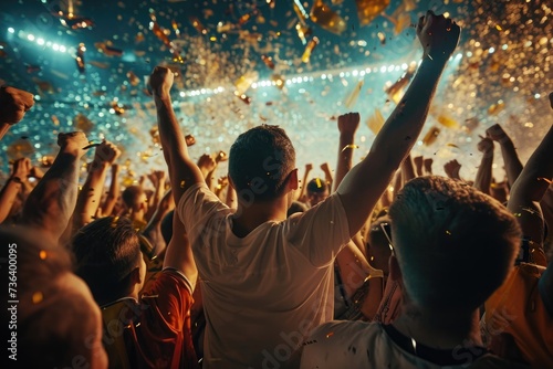 A lively crowd of people enthusiastically enjoying a concert, with colorful confetti raining down from above, An ecstatic crowd celebrating a sports team's championship win, AI Generated