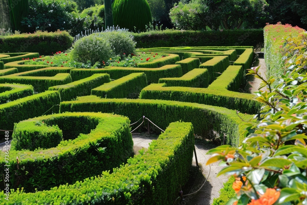 A garden featuring a labyrinthine maze in the middle surrounded by various plants and flowers, An elaborate maze of hedges in an elegant garden, AI Generated A garden featuring a labyrinthine maze in the middle surrounded by various plants and flowers, An elaborate maze of hedges in an elegant garden, AI Generated