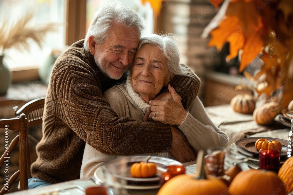 An older man and woman lovingly embrace each other while seated at a table in a restaurant, An elderly couple embracing each other at the Thanksgiving table, AI Generated