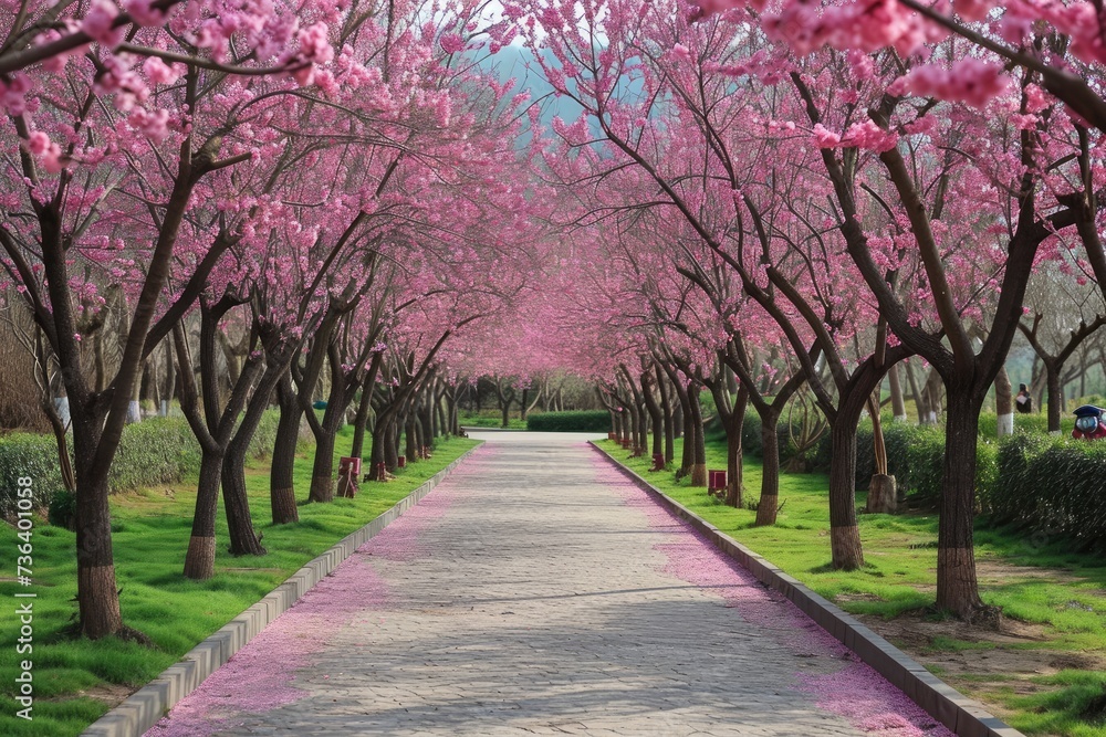 A pathway leading through a park adorned with a row of vibrant pink trees, An elegant alley of plum trees in full bloom within a pristine park, AI Generated
