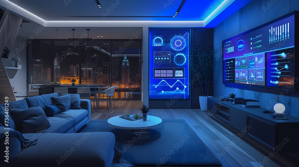 Luxurious Smart Living Room with Interactive Wall Displays