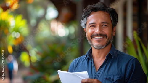 Attractive Latino businessman holding documents in his hands with a happy smile and a bearded head.