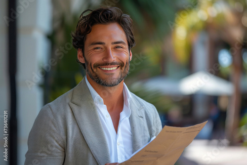 Attractive Latino businessman holding documents in his hands with a happy smile and a bearded head.