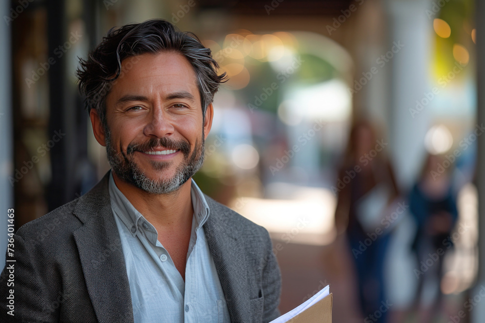 Attractive Latino businessman holding documents in his hands with a happy smile and a bearded head. Attractive Latino businessman holding documents in his hands with a happy smile and a bearded head.