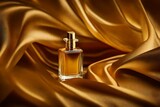 golden luxury perfume flacon on golden silky velvet fabric background