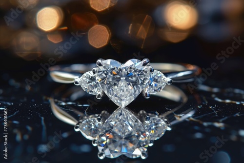 A diamond ring featuring three stunning pear-shaped diamonds elegantly arranged, An elegant heart-shaped diamond ring, AI Generated