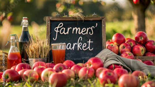 farmers' market scene, showcasing a collection of fresh red apples in a rustic wooden crate.