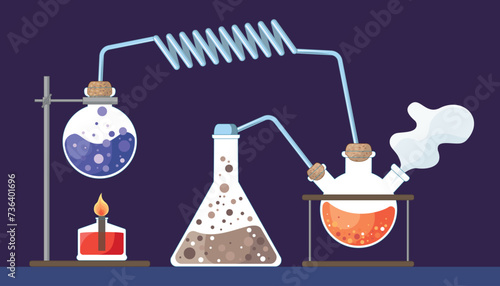 Background with a set of chemical equipment for experiments, vials, glass flask, test tubes with substance and reagents. Investigation of chemical reactions