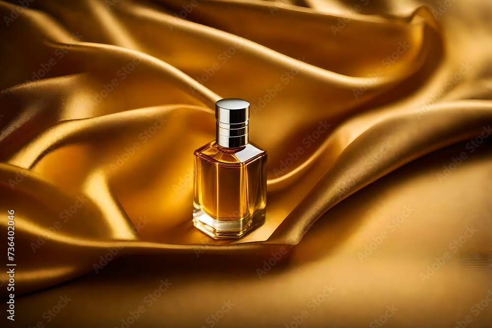 expensive golden perfume flacon on golden silky velvet fabric background expensive golden perfume flacon on golden silky velvet fabric background