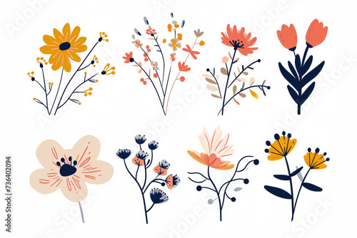 Cute set of abstract isolated spring flowers for Mother's Day postcard, children nordic style