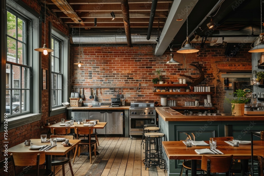 A large restaurant with exposed brick walls and rustic wooden tables, providing a warm and inviting dining ambience, An empty restaurant kitchen with brick walls and rustic charm, AI Generated A large restaurant with exposed brick walls and rustic wooden tables, providing a warm and inviting dining ambience, An empty restaurant kitchen with brick walls and rustic charm, AI Generated
