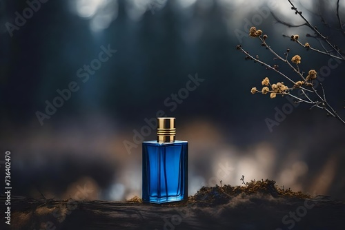 blue perfume flacon presentation , natural fragrance , mulch ,wood and forest background