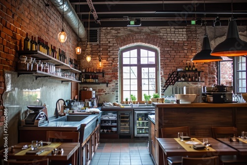A restaurant featuring a brick wall and a generous amount of counter space for customers  An empty restaurant kitchen with brick walls and rustic charm  AI Generated