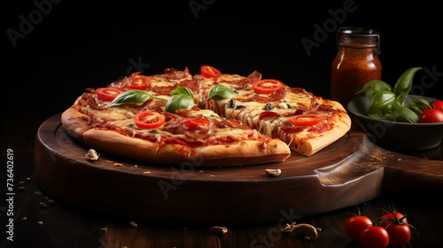 Premium Food, Delicious Pizza on a Wooden Tray.