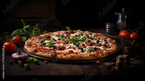 Premium Food, Delicious Pizza on a Wooden Tray.