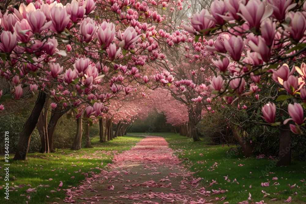 Naklejka premium A path in a park is adorned with pink flowers, creating a beautiful and colorful scene, An enchanted alley of fully bloomed magnolia trees in a park, AI Generated