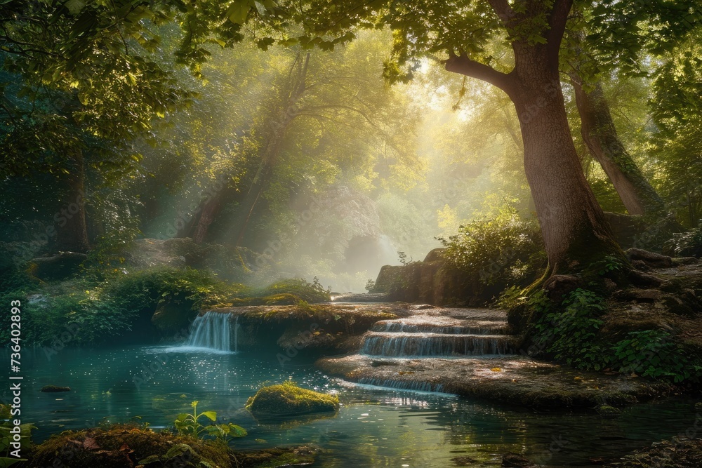 Fototapeta premium A winding stream courses through a dense, verdant forest, accentuating the vibrant green foliage and creating a peaceful ambience, An enchanted forest with a magical water spring, AI Generated