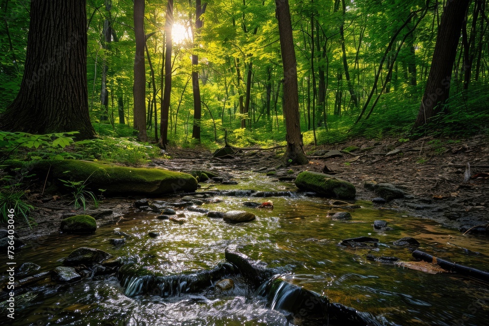 Obraz premium A winding stream cuts through a dense forest, surrounded by vibrant foliage and towering trees, An enchanted forest with a sparkling brook, AI Generated