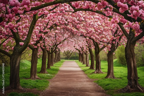 A scenic pathway flanked by trees adorned with pink flowers creates a picturesque landscape, An enchanting blossom-filled tree passage in a manicured park, AI Generated