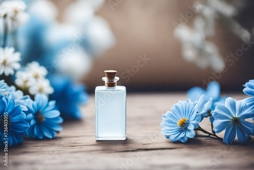 precious perfume flacon on beige and blue blurry floral background , delicate and soft cosmetics products