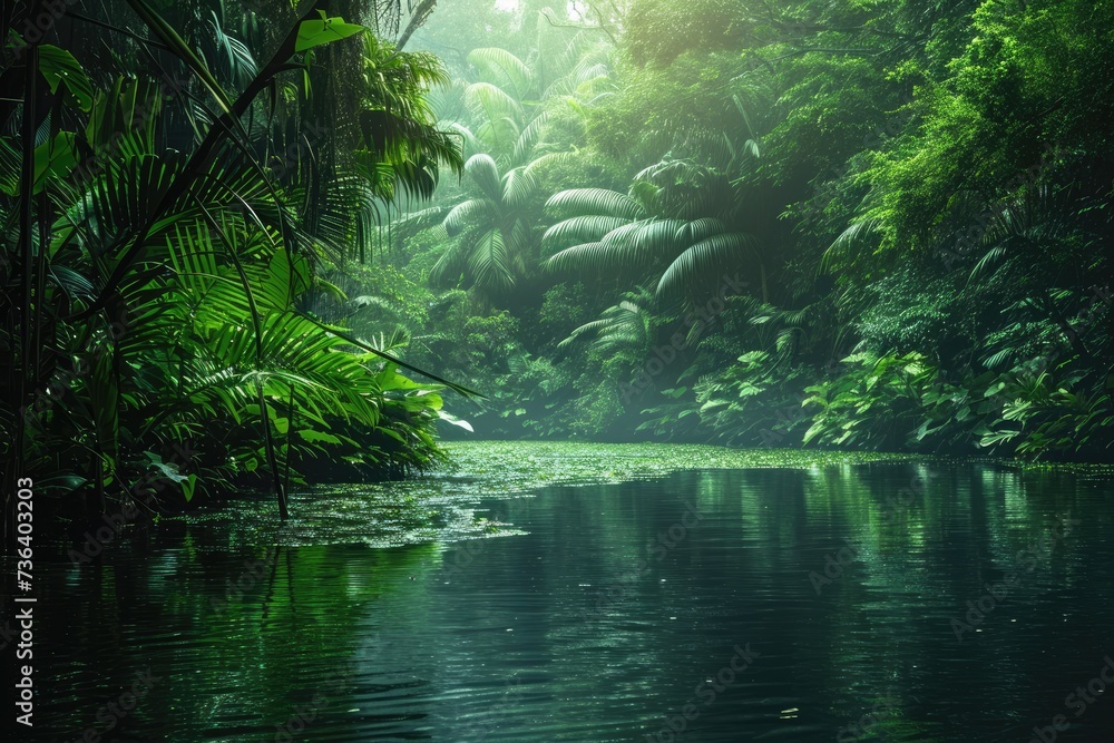 A serene body of water encircled by a dense forest of vibrant green trees, An enchanting river passage through a dense rainforest, AI Generated