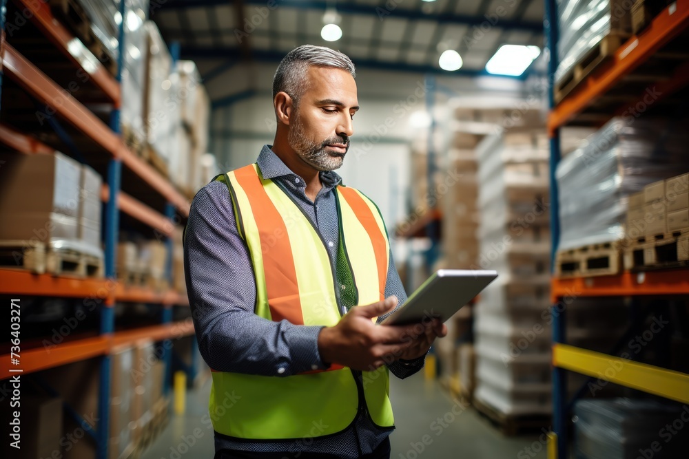 Warehouse accounting and bookkeeping, a middle aged man, Portrait of mature warehouse worker using digital tablet while standing in warehouse, AI generated Warehouse accounting and bookkeeping, a middle aged man, Portrait of mature warehouse worker using digital tablet while standing in warehouse, AI generated