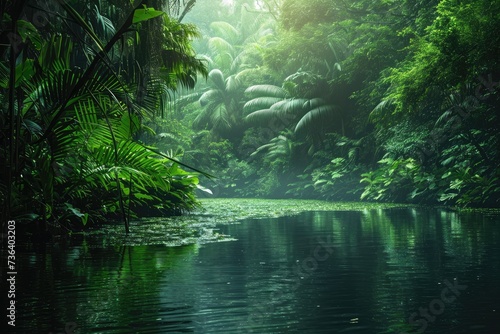A serene body of water encircled by a dense forest of vibrant green trees, An enchanting river passage through a dense rainforest, AI Generated