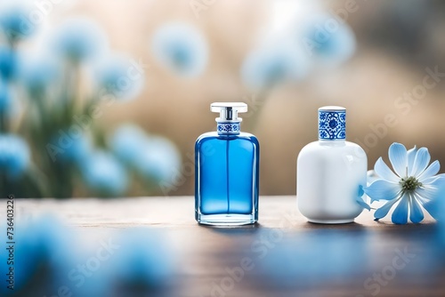 precious perfume flacon on beige and blue blurry floral background , delicate and soft cosmetics products