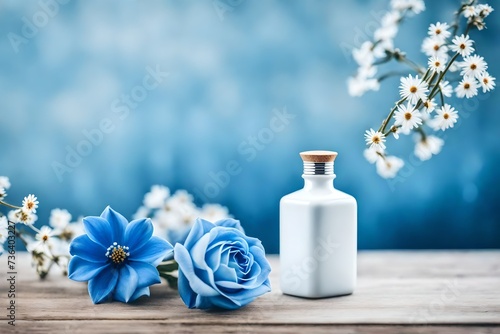precious perfume flacon on beige and blue blurry floral background , delicate and soft cosmetics products