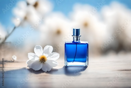 precious perfume flacon on beige and blue blurry floral background , delicate and soft cosmetics products