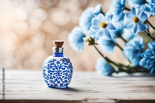 elegant perfume bottle on beige and blue floral background , delicate and precious cosmetics products