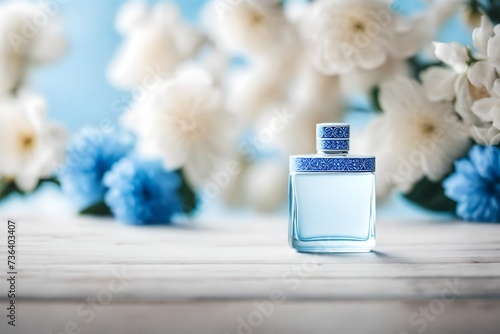 elegant perfume bottle on beige and blue floral background , delicate and precious cosmetics products